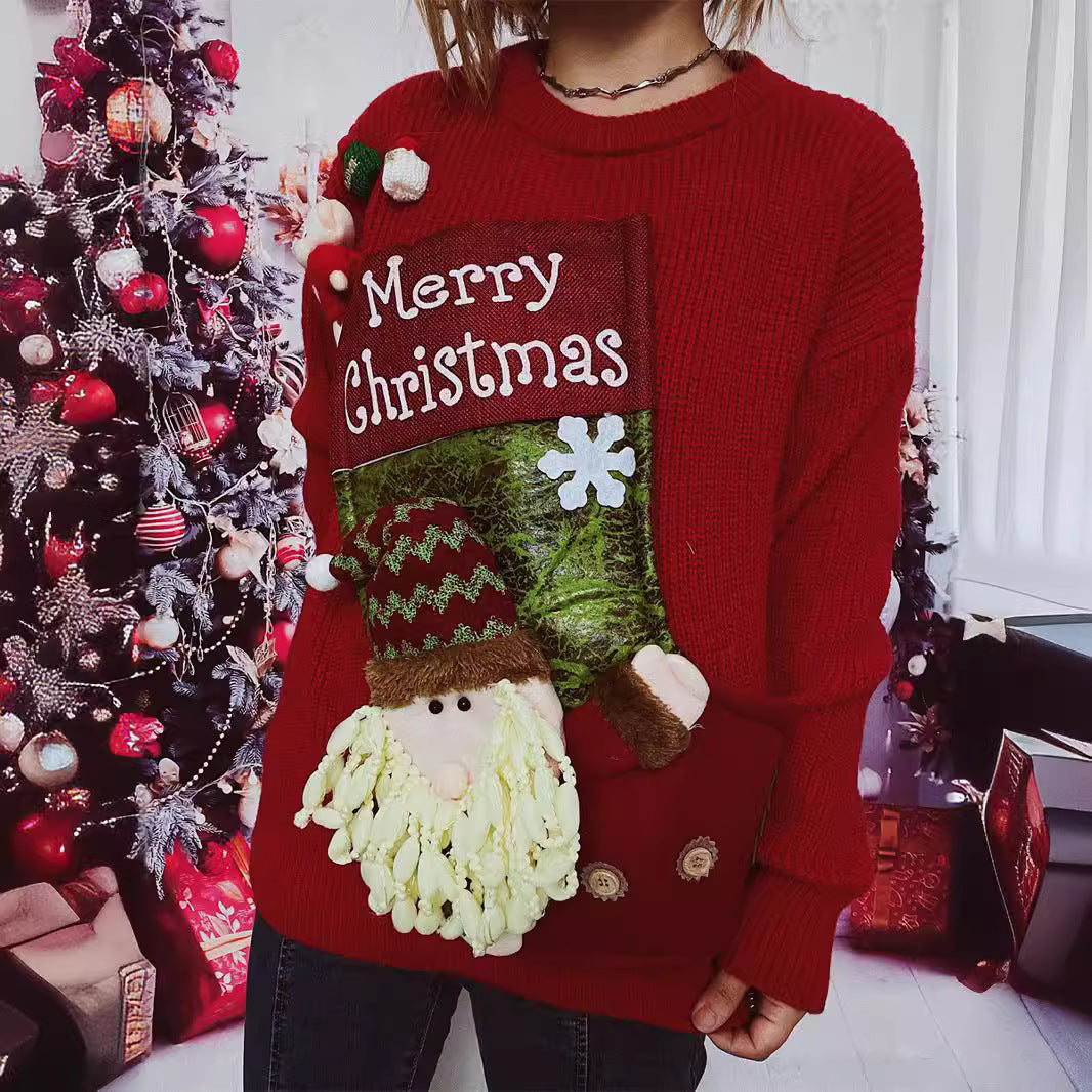 Women's Christmas Sweater with Festive Design and 3D Appliqués