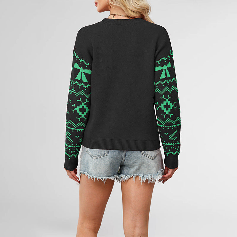 Women's Christmas Knit Sweater with Festive Pattern and Wide Cut