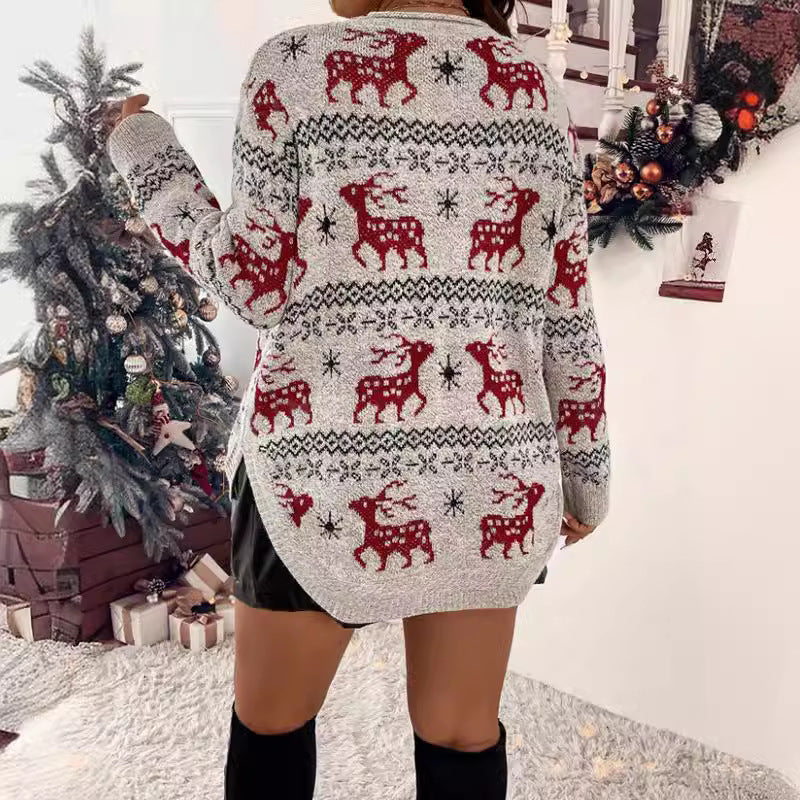 Women's Festive Knit Sweater with Detailed Reindeer Motif and High Collar