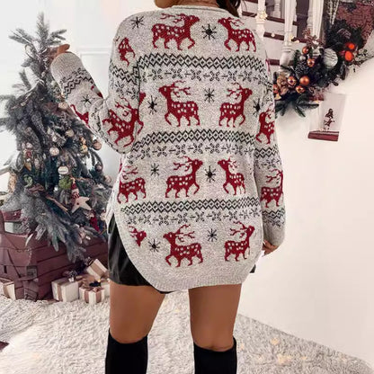 Women's Festive Knit Sweater with Detailed Reindeer Motif and High Collar