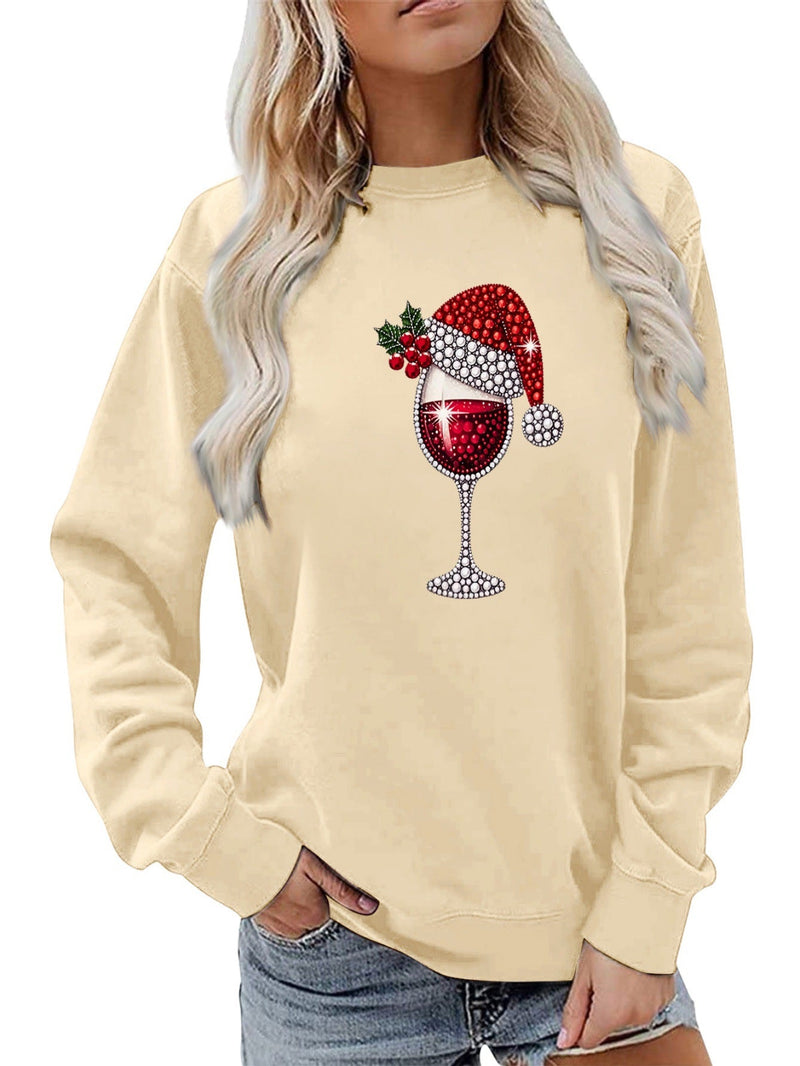 Women's Sweatshirt with Soft Lining and Festive Wine Motif