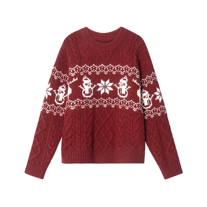 Women's Christmas Sweater with Festive Cable Pattern and Snowman Motif