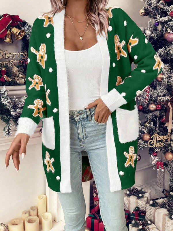 Women's Christmas Cardigan with Festive Gingerbread Motif and Practical Pockets