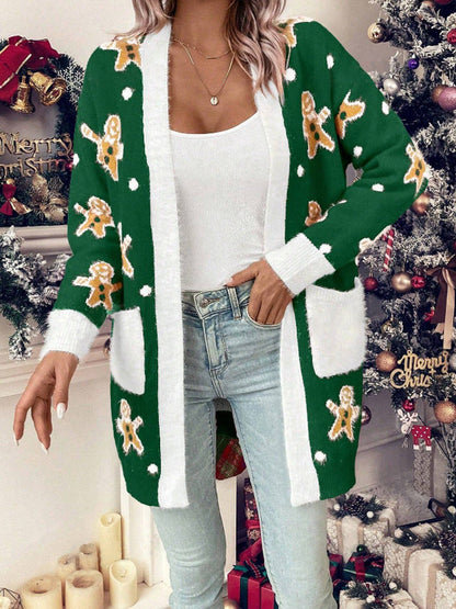 Women's Christmas Cardigan with Festive Gingerbread Motif and Practical Pockets