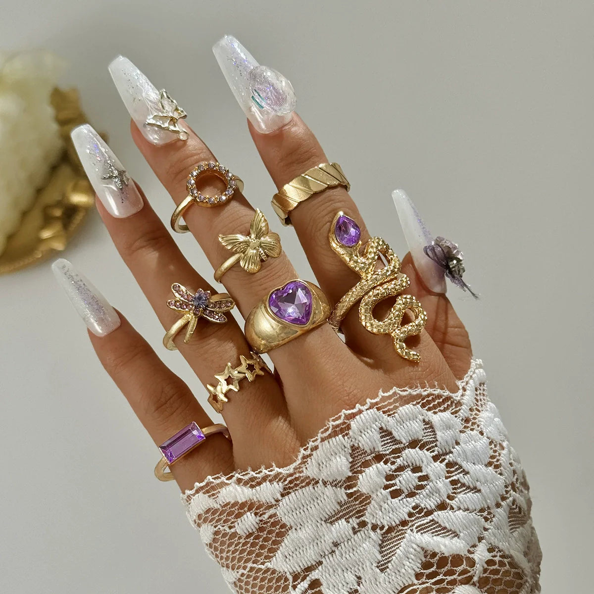 Lilac Crystal 8 Piece Ring Set