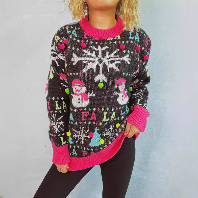 Women's Christmas Sweater with Colorful Appliqués and Festive Design