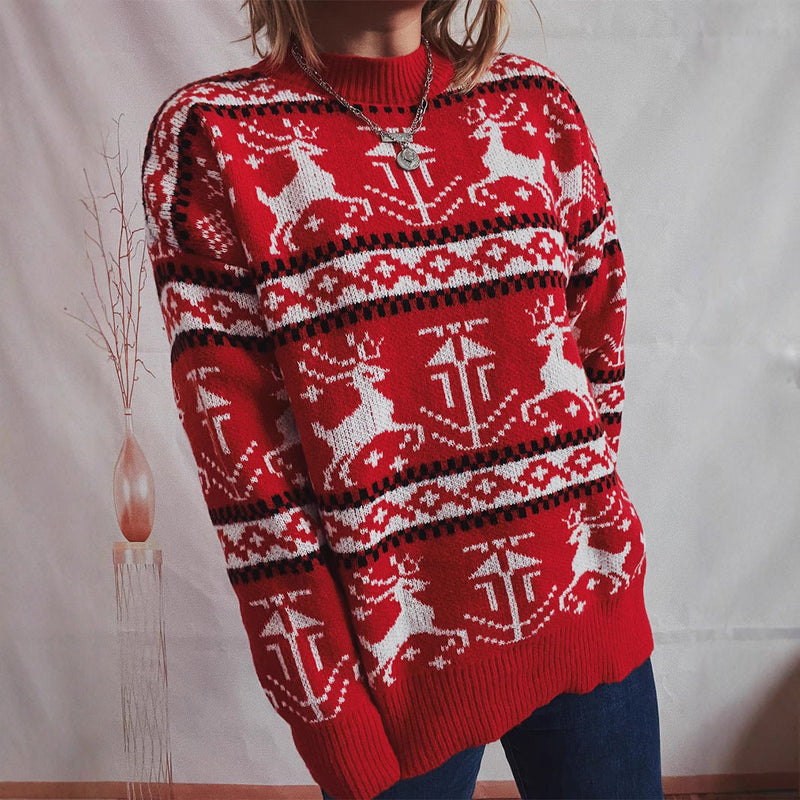 Women's Christmas Sweater in Festive Norwegian Pattern with Crew Neck