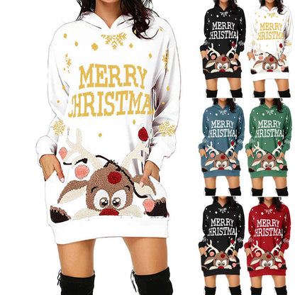 Women's Hooded Dress with Cute Reindeer Motif and Christmas Lettering R&B