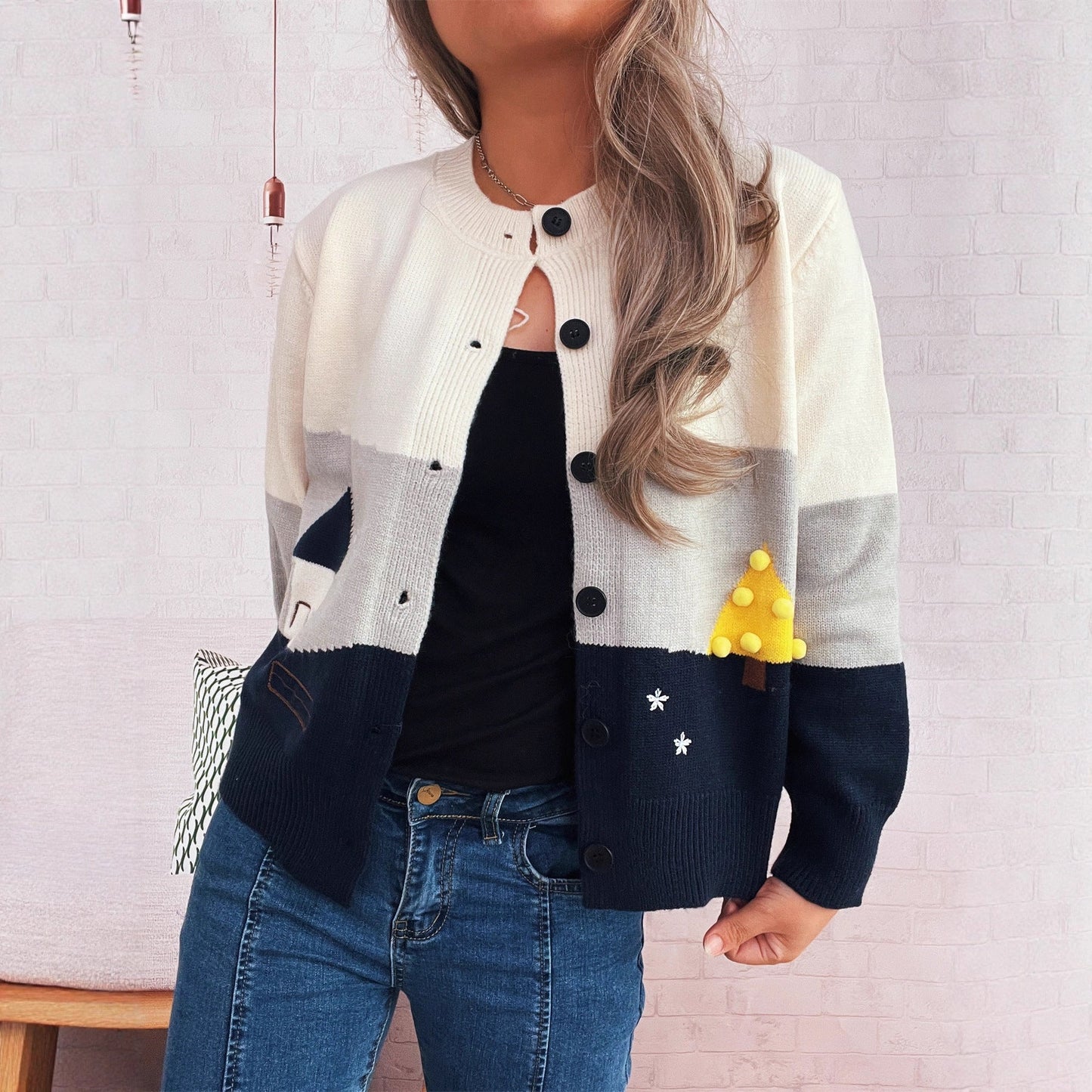 Women's Cardigan with Festive Motif and Button Details