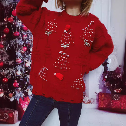 Women's Christmas Sweater with Festive Motif and 3D Appliqués