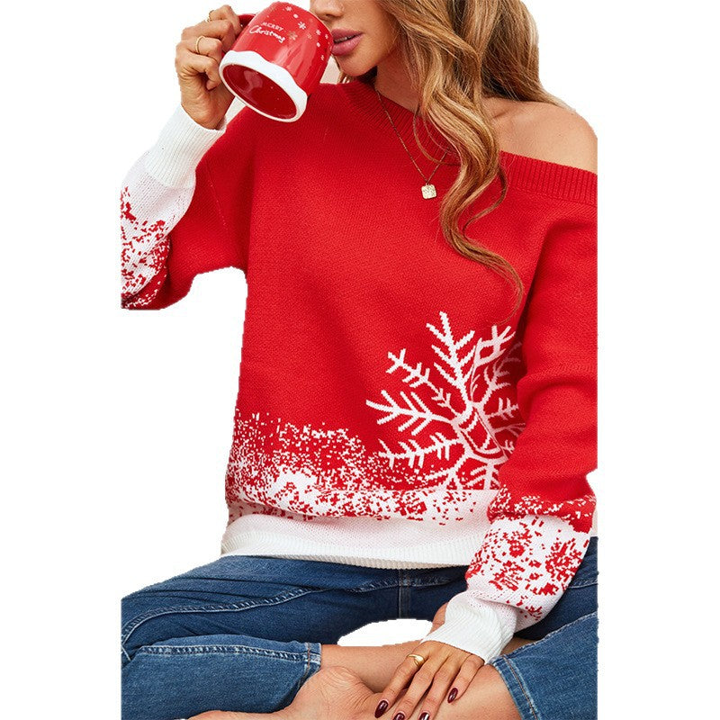 Women's Festive Christmas Sweater with Elegant Snowflake Motif and Off-Shoulder Design