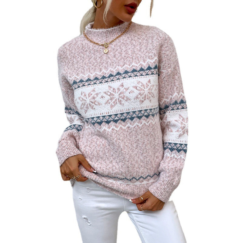 Women's Cozy Oversized Sweater with Christmas Motif and High Collar