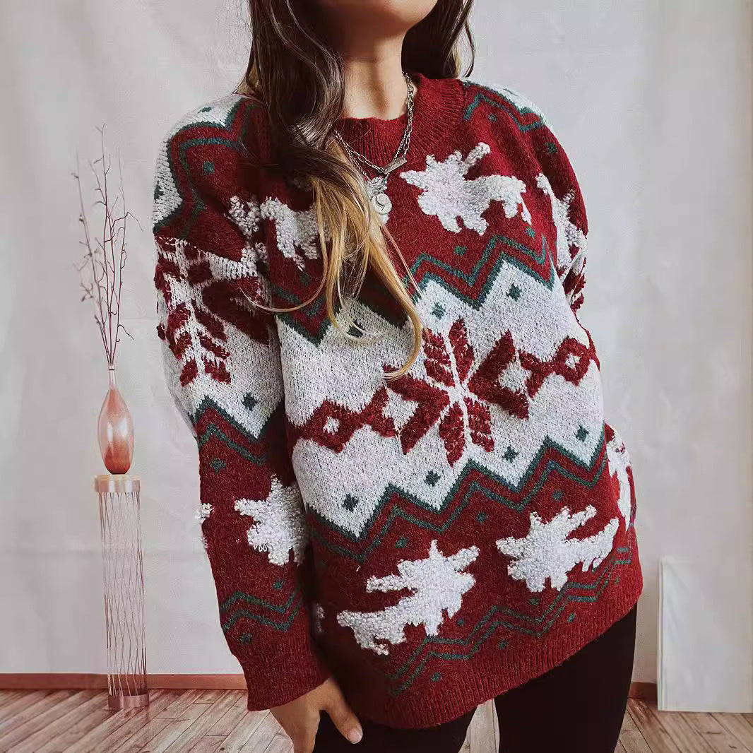 Women's Festive Knit Sweater with Christmas Design and High Collar R&B