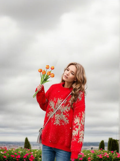 Women's Christmas Sweater with Festive Snowflake Motif and Wide Cut R&B