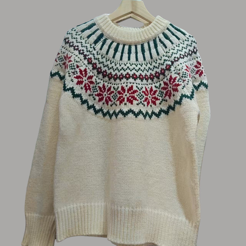Women's Knit Sweater with Festive Norwegian Motif and Wide Cut