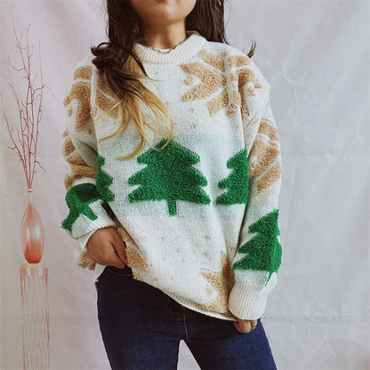 Women's Christmas Sweater with Festive Motif and Voluminous Sleeves