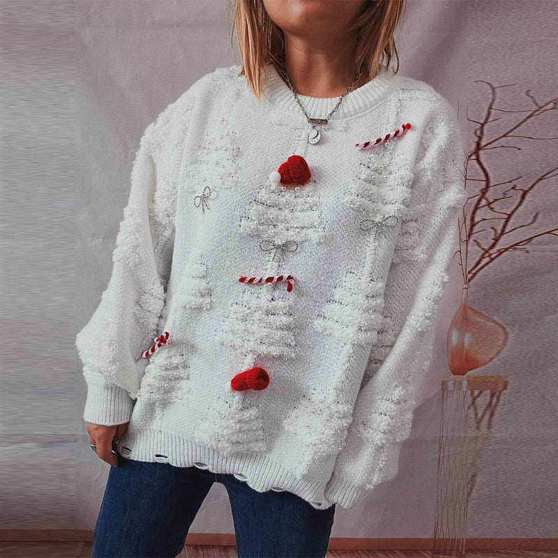 Women's Festive Sweater with Creative Christmas Motifs and Textured Design R&B
