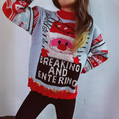 Women's Christmas Sweater with Festive Santa Motif and Shiny Accents