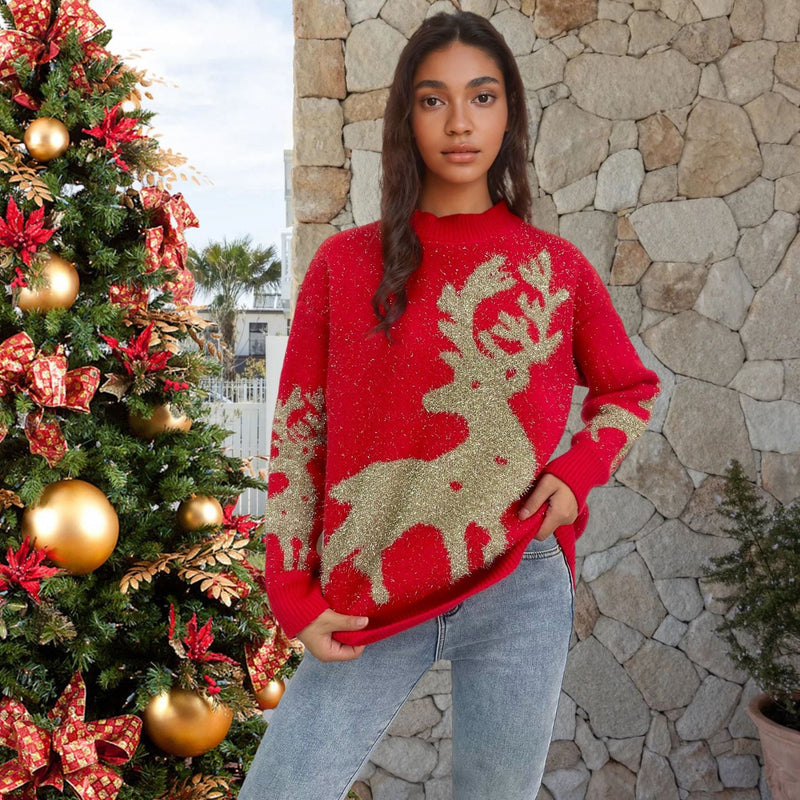 Women's Christmas Sweater with Glitter Design and Reindeer Motif