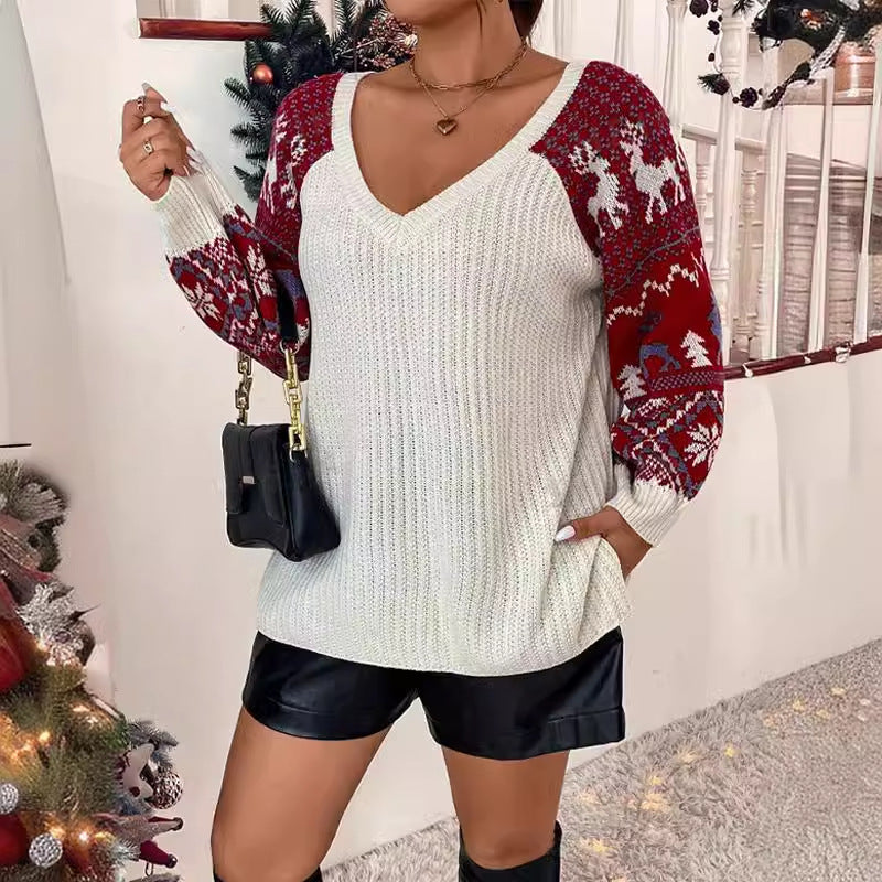 Women's V-Neck Knit Sweater with Festive Pattern and Casual Balloon Sleeves