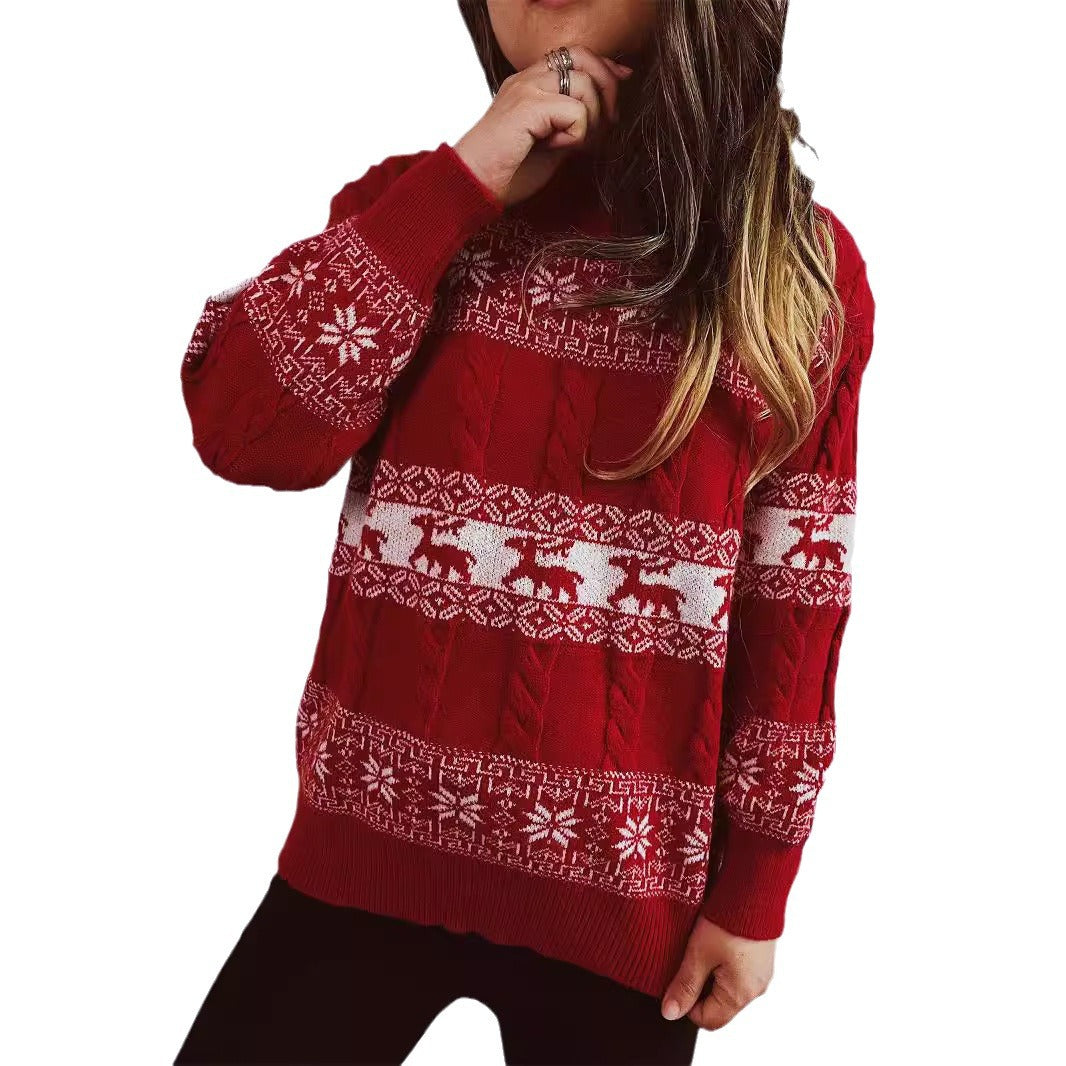 Women's Knit Sweater with Festive Reindeer Motif and Cable Pattern