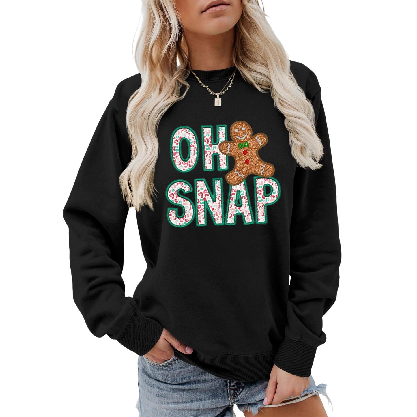 Women's Sweatshirt with Fun Gingerbread Man Motif and Sparkling Lettering