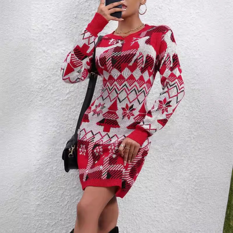 Women's Knit Dress with Festive Pattern and Crew Neck