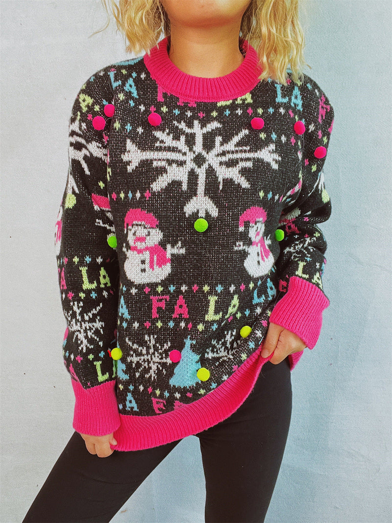 Women's Festive Sweater with Colorful 3D Appliqués and Motif Design