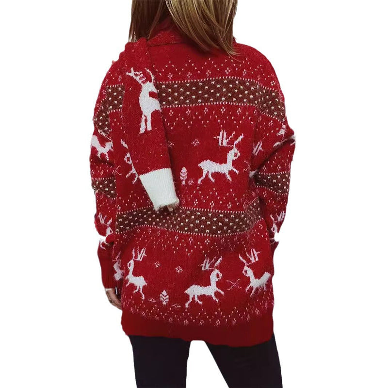 Women's Knit Sweater with Festive Reindeer Motif and High Collar R&B