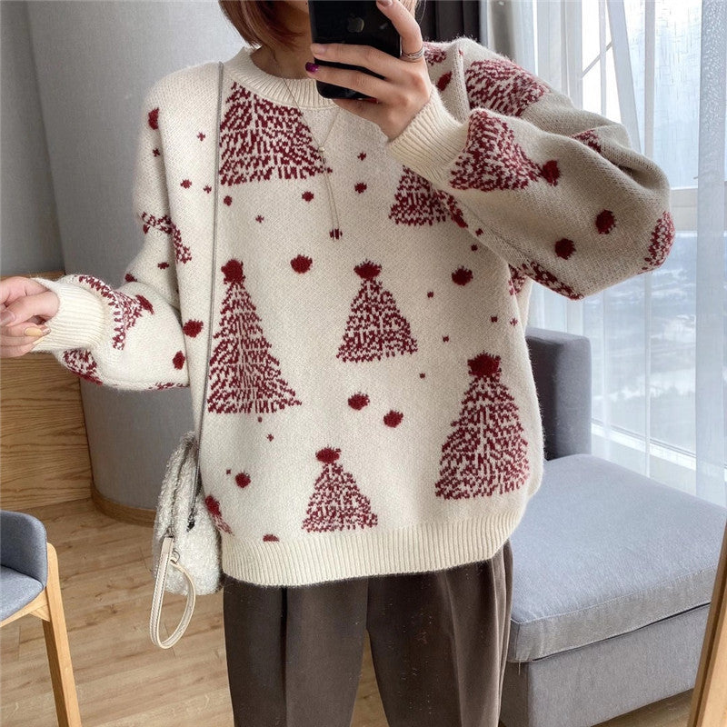 Women's Cozy Sweater with Christmas Tree Pattern