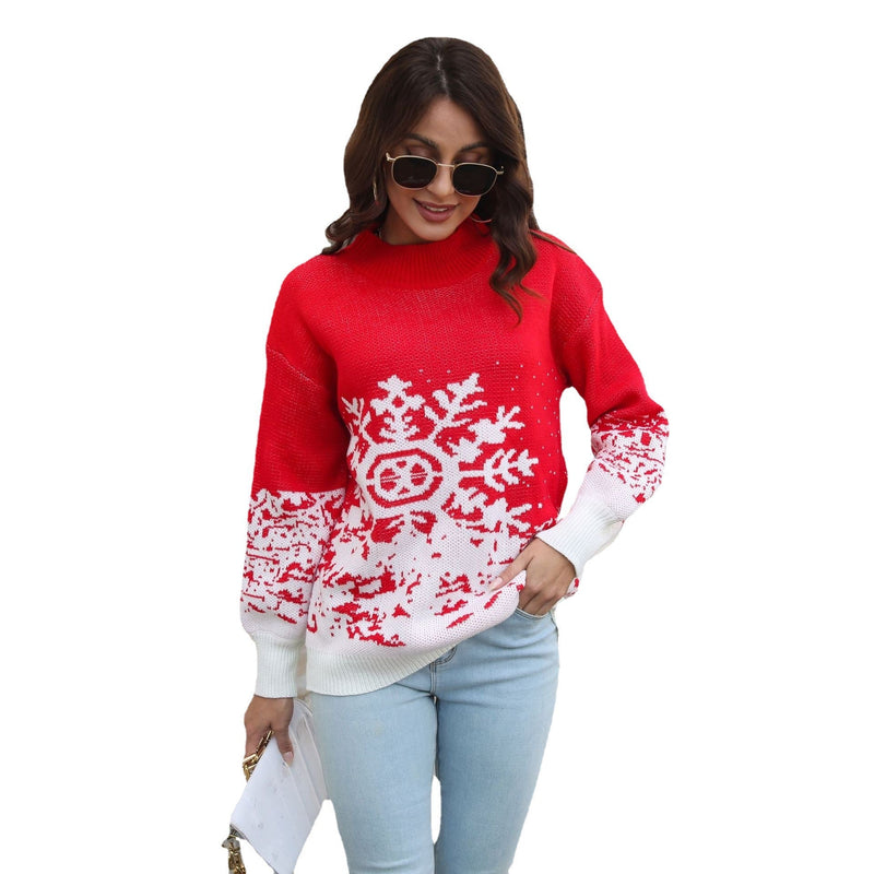 Women's Chunky Knit Sweater with Festive Snowflake Motif and Casual Cut R&B