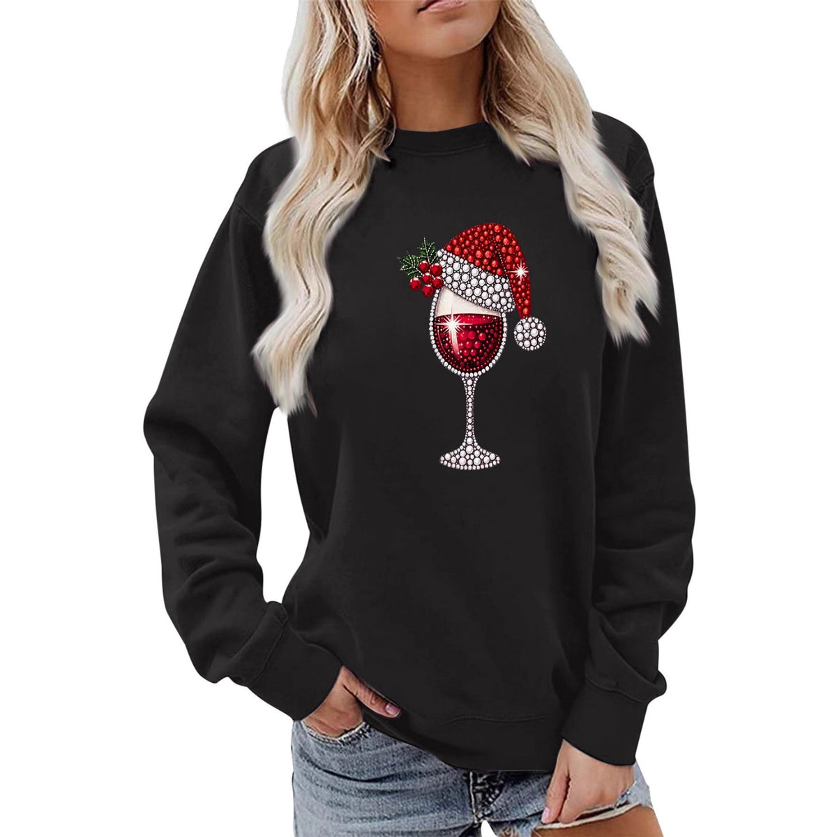 Women's Sweatshirt with Soft Lining and Festive Wine Motif