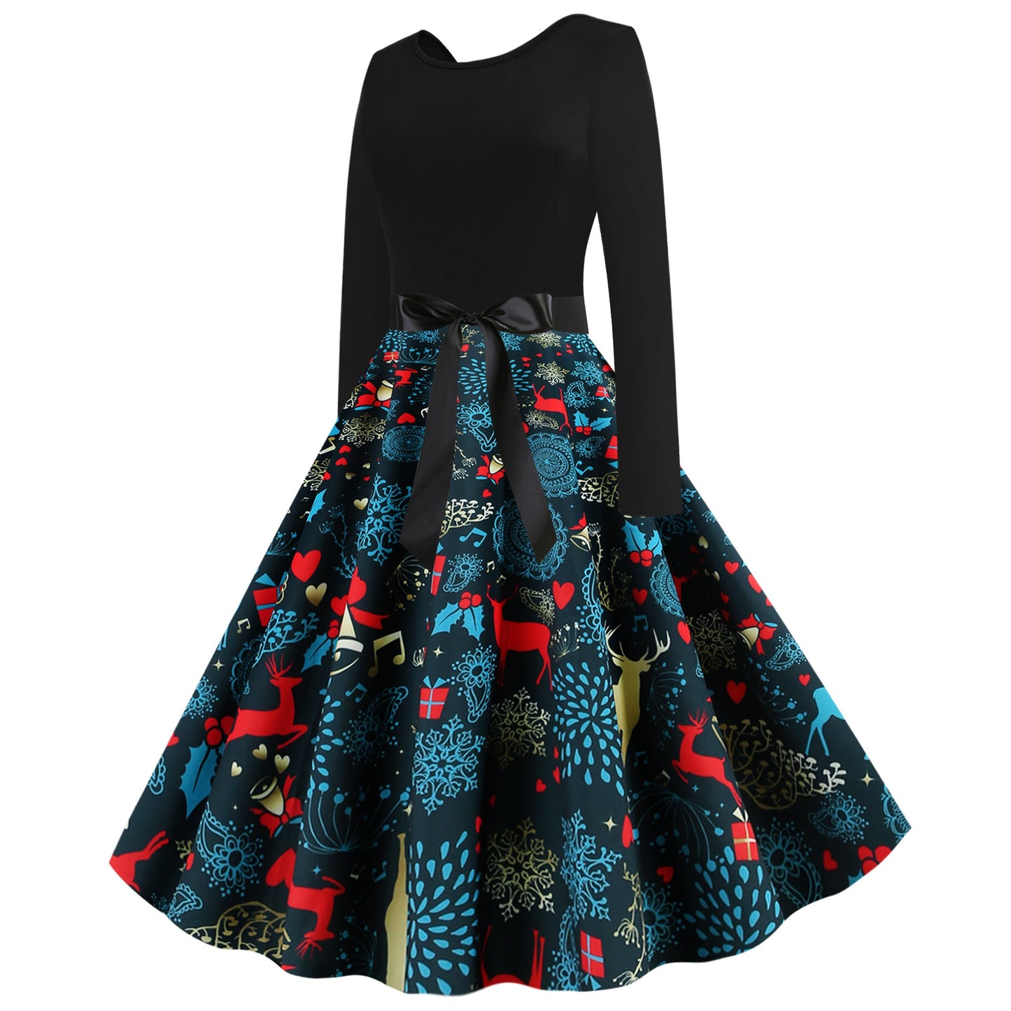 Women's Skirt with Colorful Christmas Pattern and Elegant Waist Tie