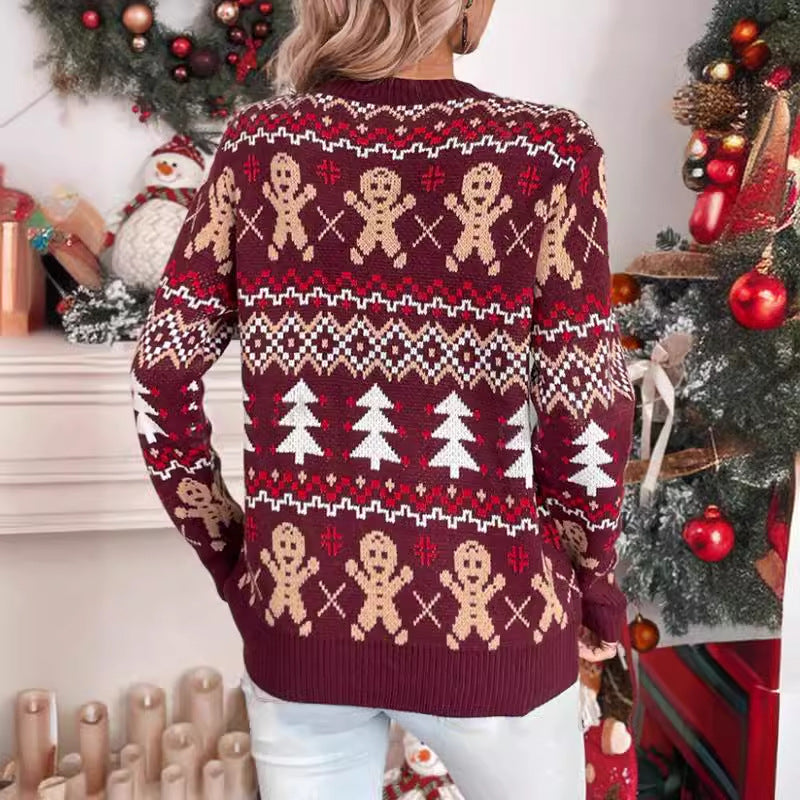 Women's Festive Christmas Sweater with Playful Gingerbread Motif and Classic Crew Neck