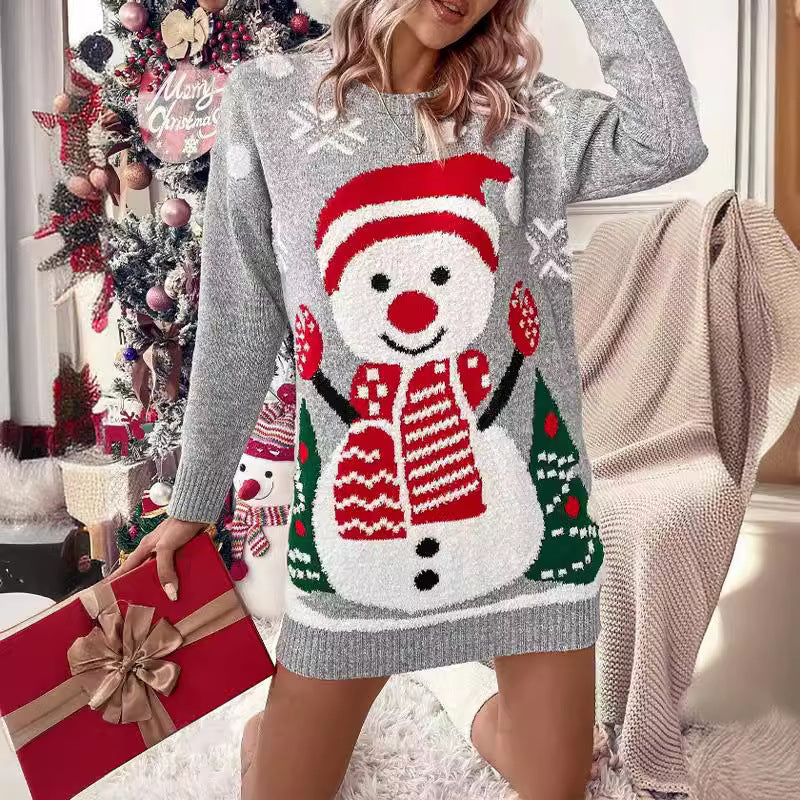 Women's Christmas Sweater with Festive Snowman Motif and Cozy Texture