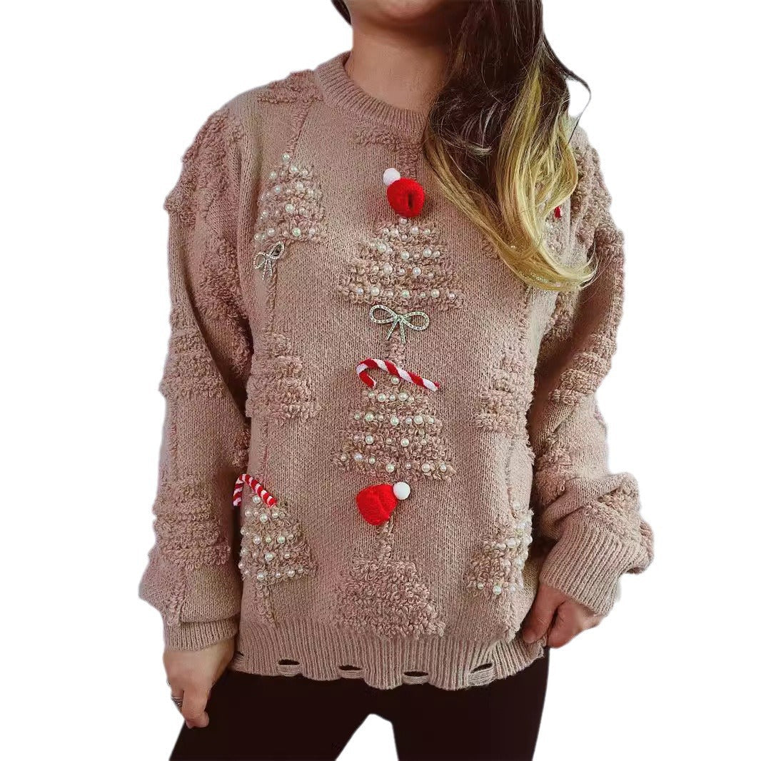 Women's Festive Sweater with Creative Christmas Motifs and Textured Design