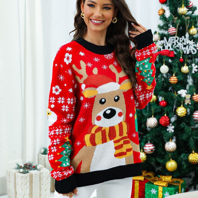Women's Christmas Sweater with Festive Reindeer Motif and Textured Design
