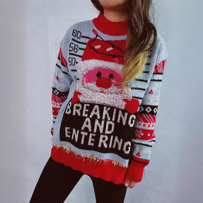 Women's Christmas Sweater with Festive Santa Motif and Shiny Accents