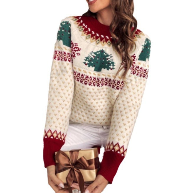 Women's Festive Knit Sweater with Fir Tree Design and Soft Material