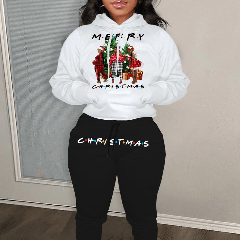Women's Christmas Hoodie and Sweatpants Set with Festive Graphic Design