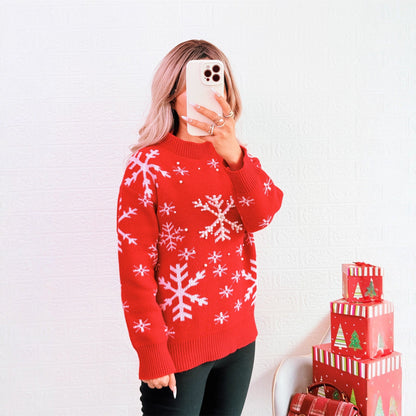 Women's Christmas Sweater with Festive Snow Pattern and High Collar