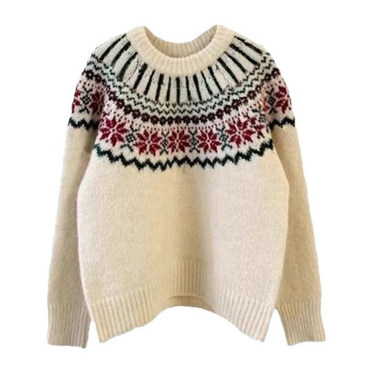 Women's Knit Sweater with Festive Norwegian Motif and Wide Cut