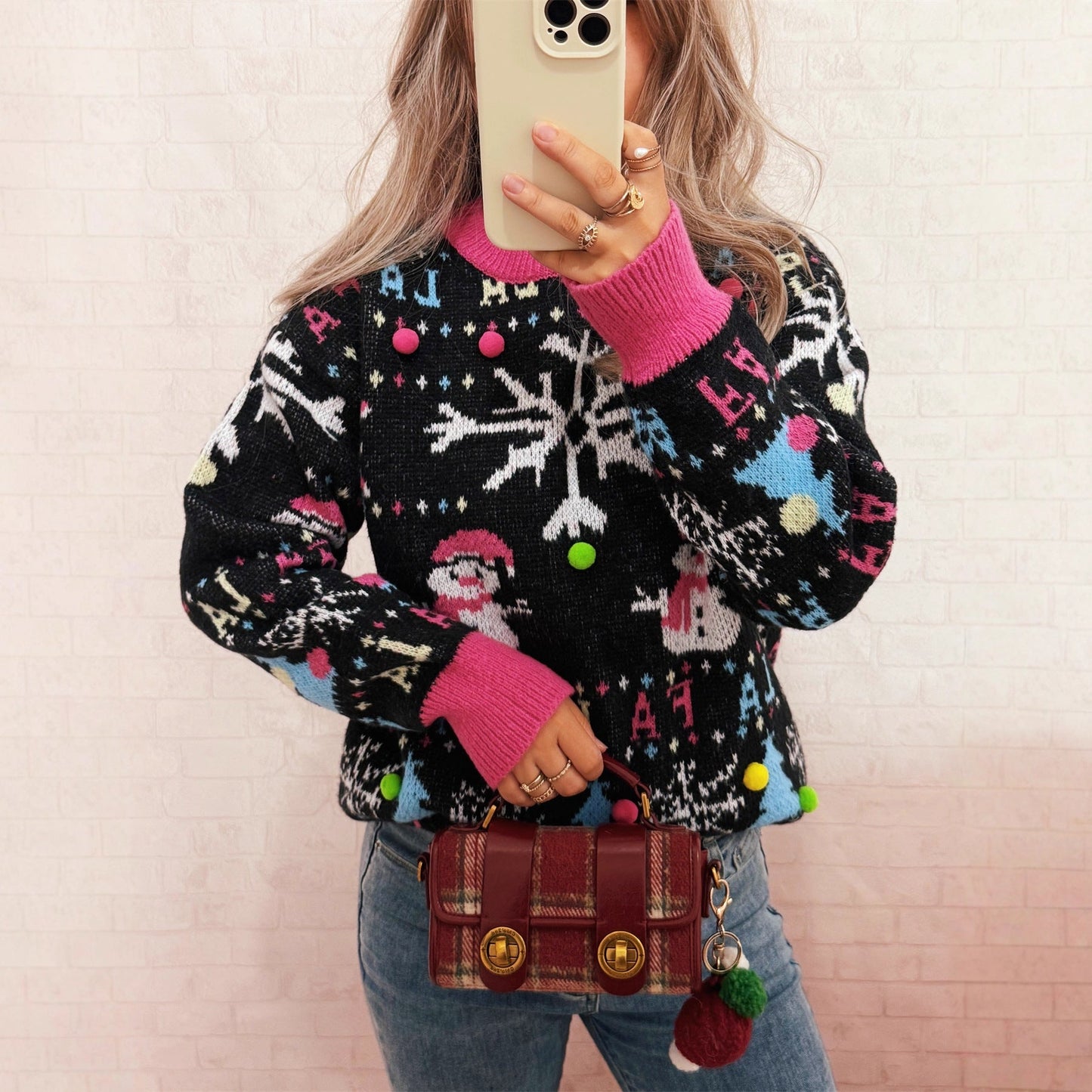 Women's Festive Sweater with Colorful Christmas Motifs and Playful Details