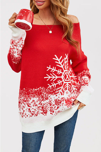 Women's Christmas Knit Sweater with Casual Cut and Snowflake Motif