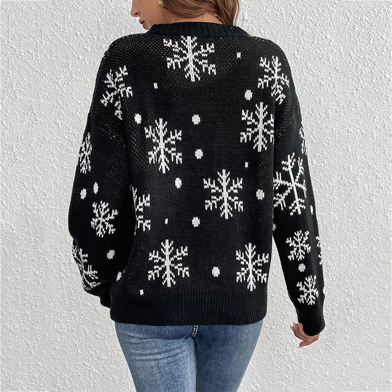 Women's Christmas Sweater with Fun Reindeer Motif and Snowflake Pattern