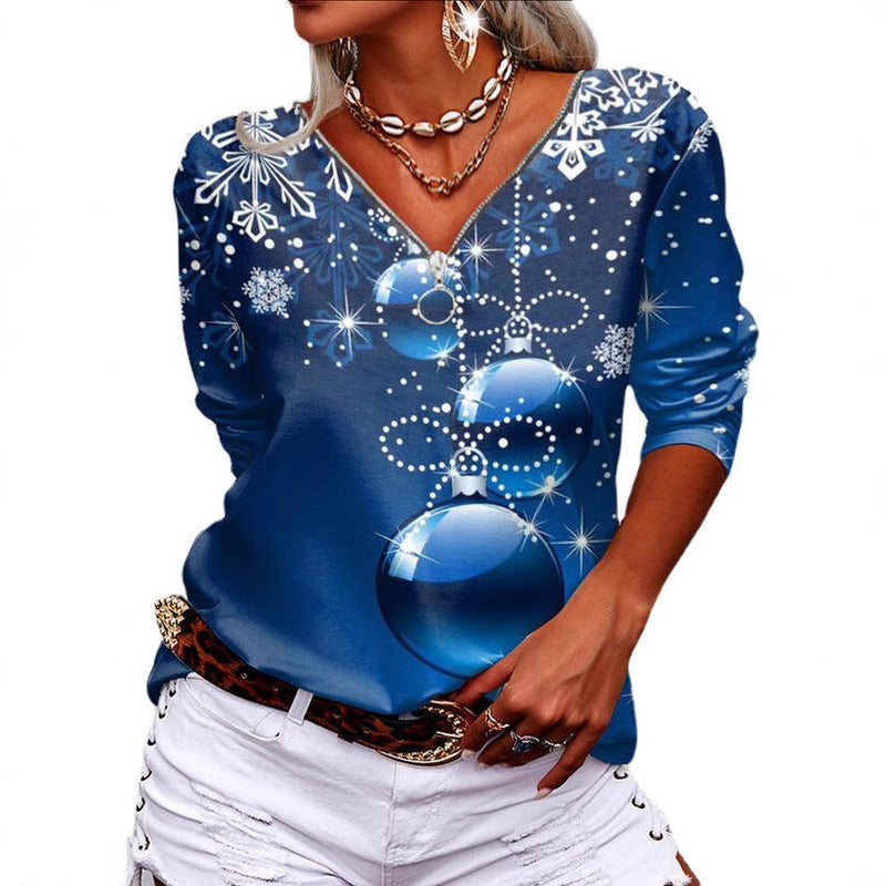 Women's Casual V-Neck Long Sleeve with Festive Ball and Snowflake Print