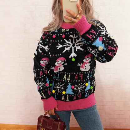 Women's Festive Sweater with Colorful Christmas Motifs and Playful Details