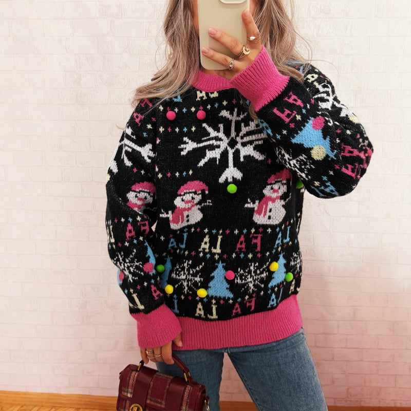 Women's Festive Sweater with Colorful Christmas Motifs and Playful Details