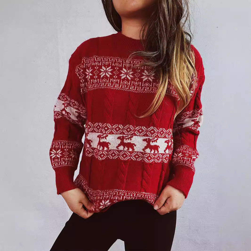 Women's Knit Sweater with Festive Reindeer Motif and Cable Pattern