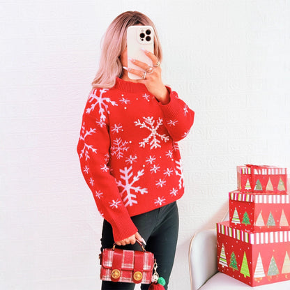 Women's Christmas Sweater with Festive Snow Pattern and High Collar R&B